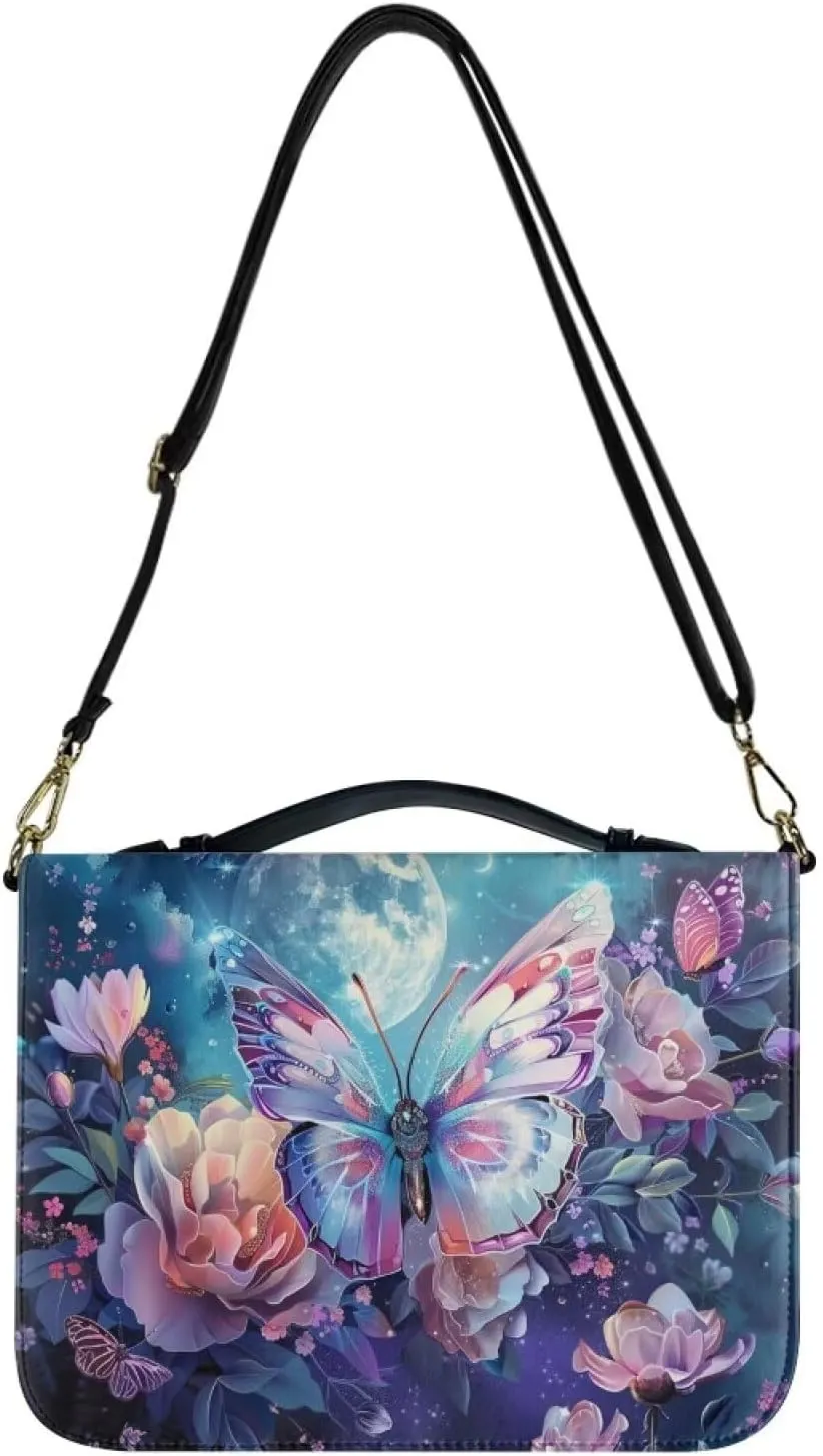 Butterfly Bible Tote Bag for Women Leather, Floral Portable Bible Book Cover with Shoulder Strap, Moon Large Bible Cover Case with Pen Slots, Christian Gifts, Blue and Purple, L