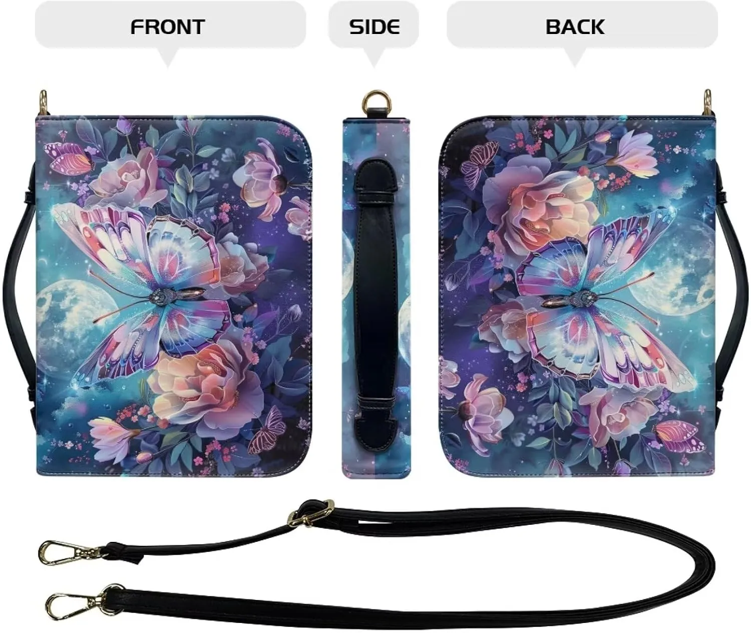 Butterfly Bible Tote Bag for Women Leather, Floral Portable Bible Book Cover with Shoulder Strap, Moon Large Bible Cover Case with Pen Slots, Christian Gifts, Blue and Purple, L