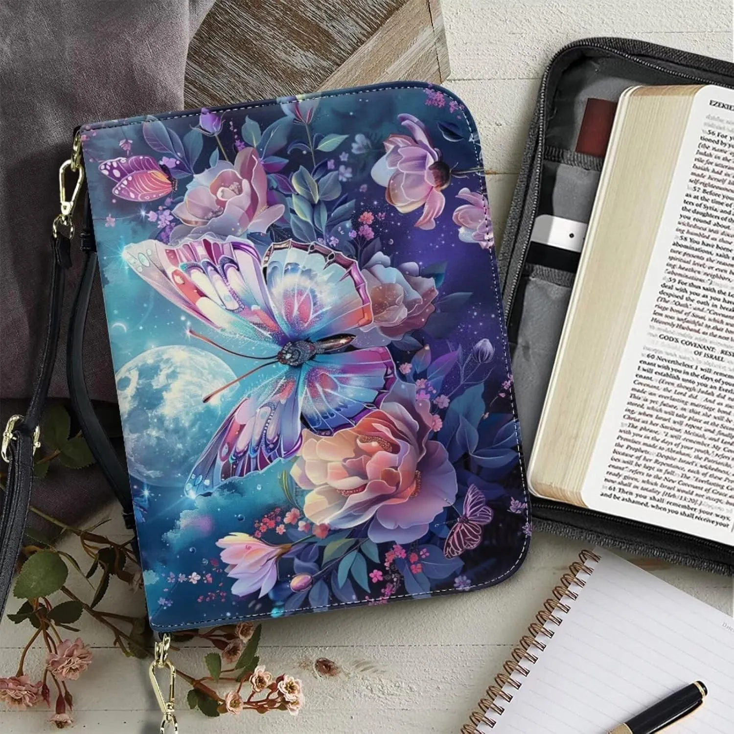 Butterfly Bible Tote Bag for Women Leather, Floral Portable Bible Book Cover with Shoulder Strap, Moon Large Bible Cover Case with Pen Slots, Christian Gifts, Blue and Purple, L