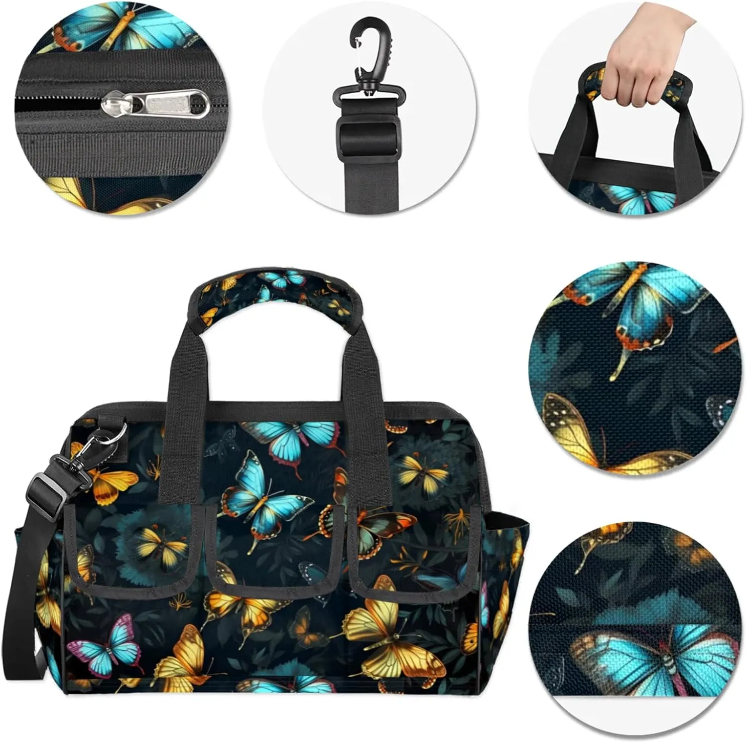 Butterfly Pattern Tool Bag Wide Mouth 14.8" Portable Tool Tote 14 Pockets Waterproof Heavy Duty Tool Organizer With Adjustable Shoulder Strap for Men Woman Travel Garden Tools Equipment
