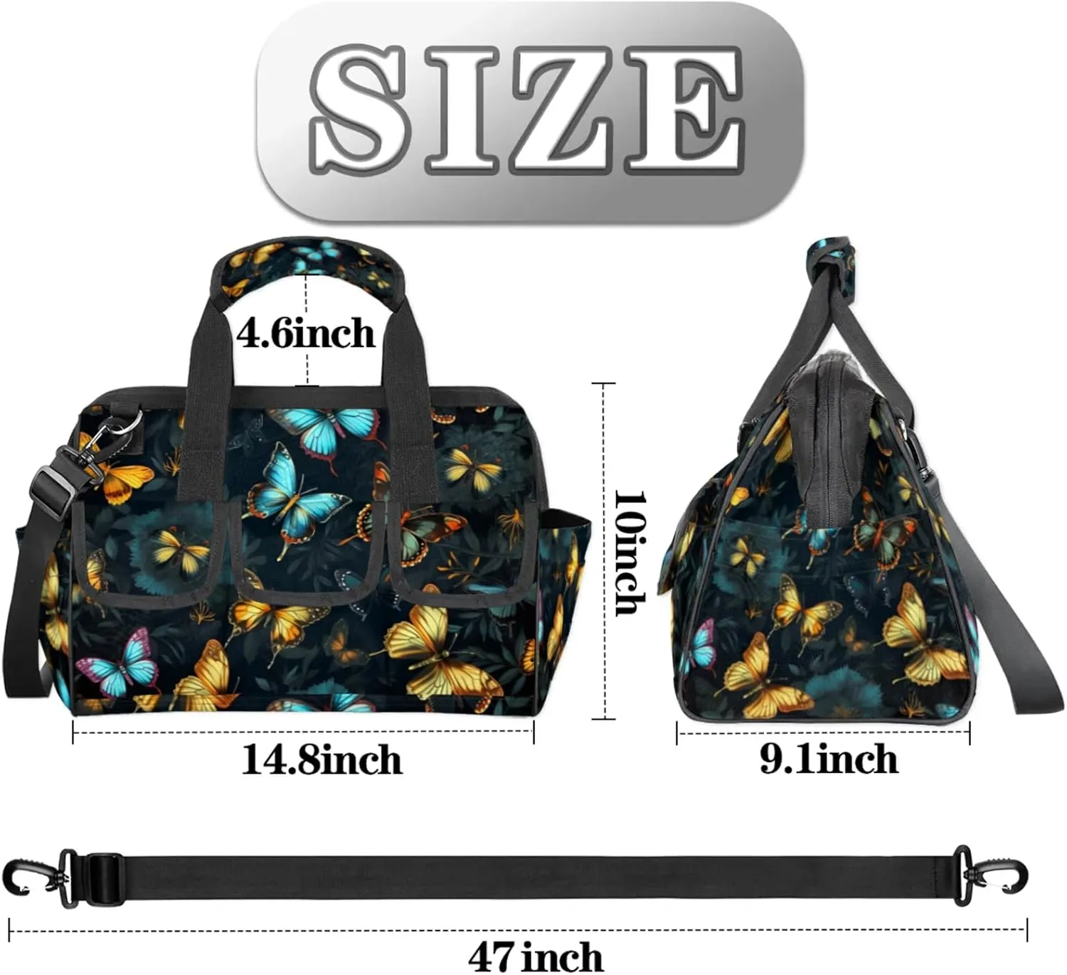 Butterfly Pattern Tool Bag Wide Mouth 14.8" Portable Tool Tote 14 Pockets Waterproof Heavy Duty Tool Organizer With Adjustable Shoulder Strap for Men Woman Travel Garden Tools Equipment