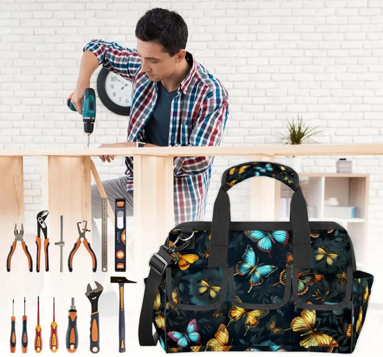 Butterfly Pattern Tool Bag Wide Mouth 14.8" Portable Tool Tote 14 Pockets Waterproof Heavy Duty Tool Organizer With Adjustable Shoulder Strap for Men Woman Travel Garden Tools Equipment