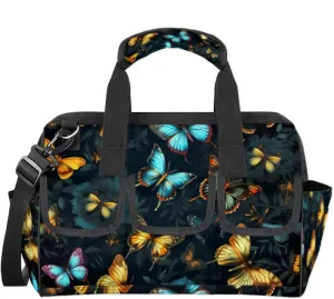 Butterfly Pattern Tool Bag Wide Mouth 14.8" Portable Tool Tote 14 Pockets Waterproof Heavy Duty Tool Organizer With Adjustable Shoulder Strap for Men Woman Travel Garden Tools Equipment