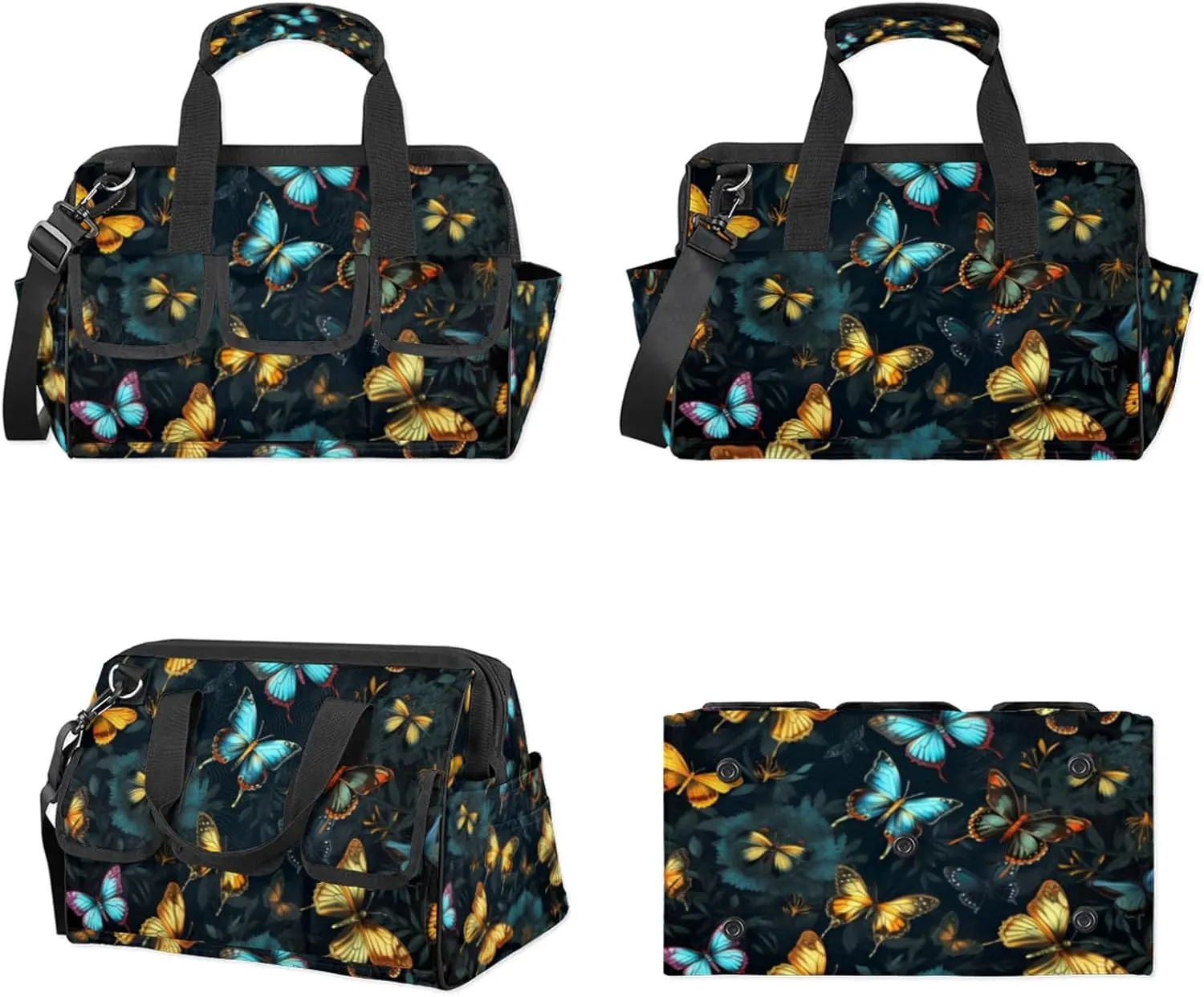 Butterfly Pattern Tool Bag Wide Mouth 14.8" Portable Tool Tote 14 Pockets Waterproof Heavy Duty Tool Organizer With Adjustable Shoulder Strap for Men Woman Travel Garden Tools Equipment