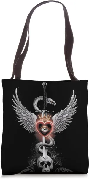 Caduceus Sword Serpent Heart Wings Skull 3 Tote Bag