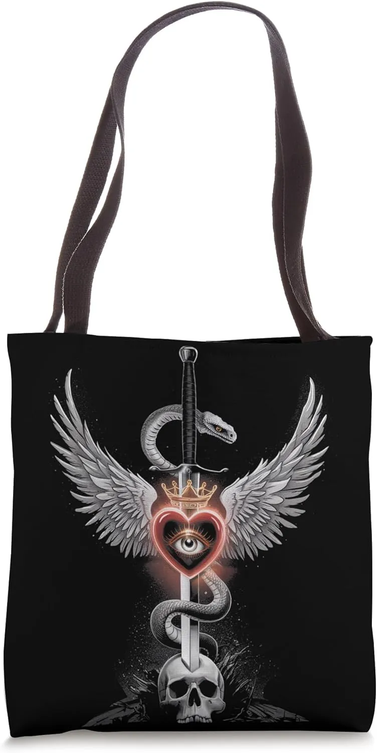 Caduceus Sword Serpent Heart Wings Skull 3 Tote Bag