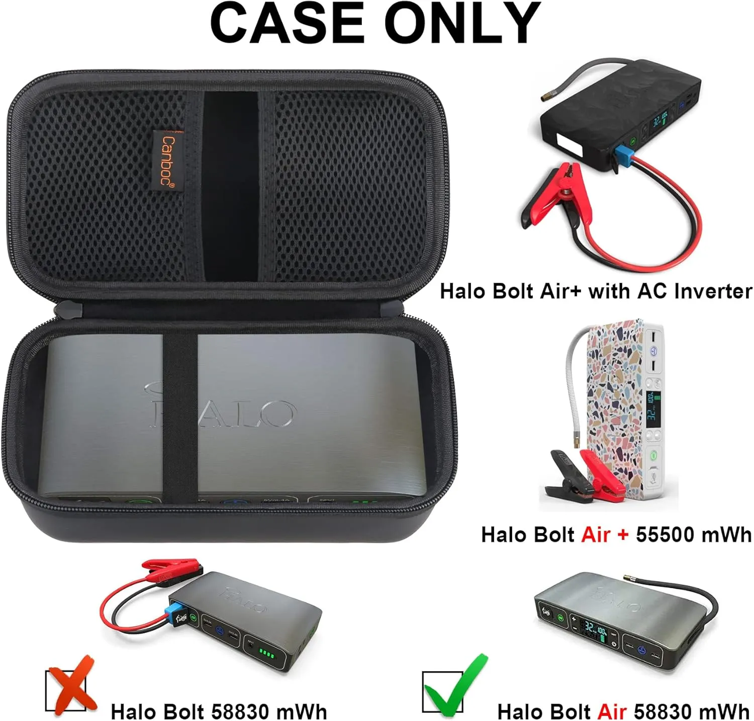 Canboc Hard Carrying Case for Halo Bolt Air 58830 mWh/Halo Bolt Air  55500 Portable Emergency Power, Car Jump Starter Charger Power Bank, Mesh Bag fit Jump Cables, AC Outlet, Charger, Black