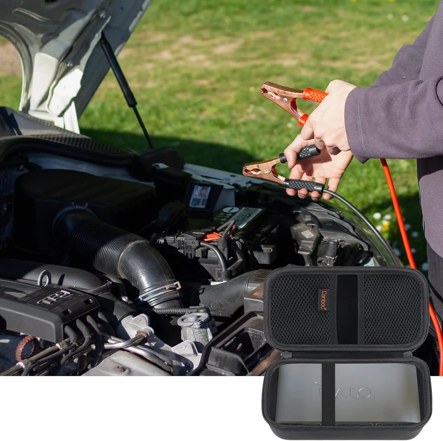 Canboc Hard Carrying Case for Halo Bolt Air 58830 mWh/Halo Bolt Air  55500 Portable Emergency Power, Car Jump Starter Charger Power Bank, Mesh Bag fit Jump Cables, AC Outlet, Charger, Black