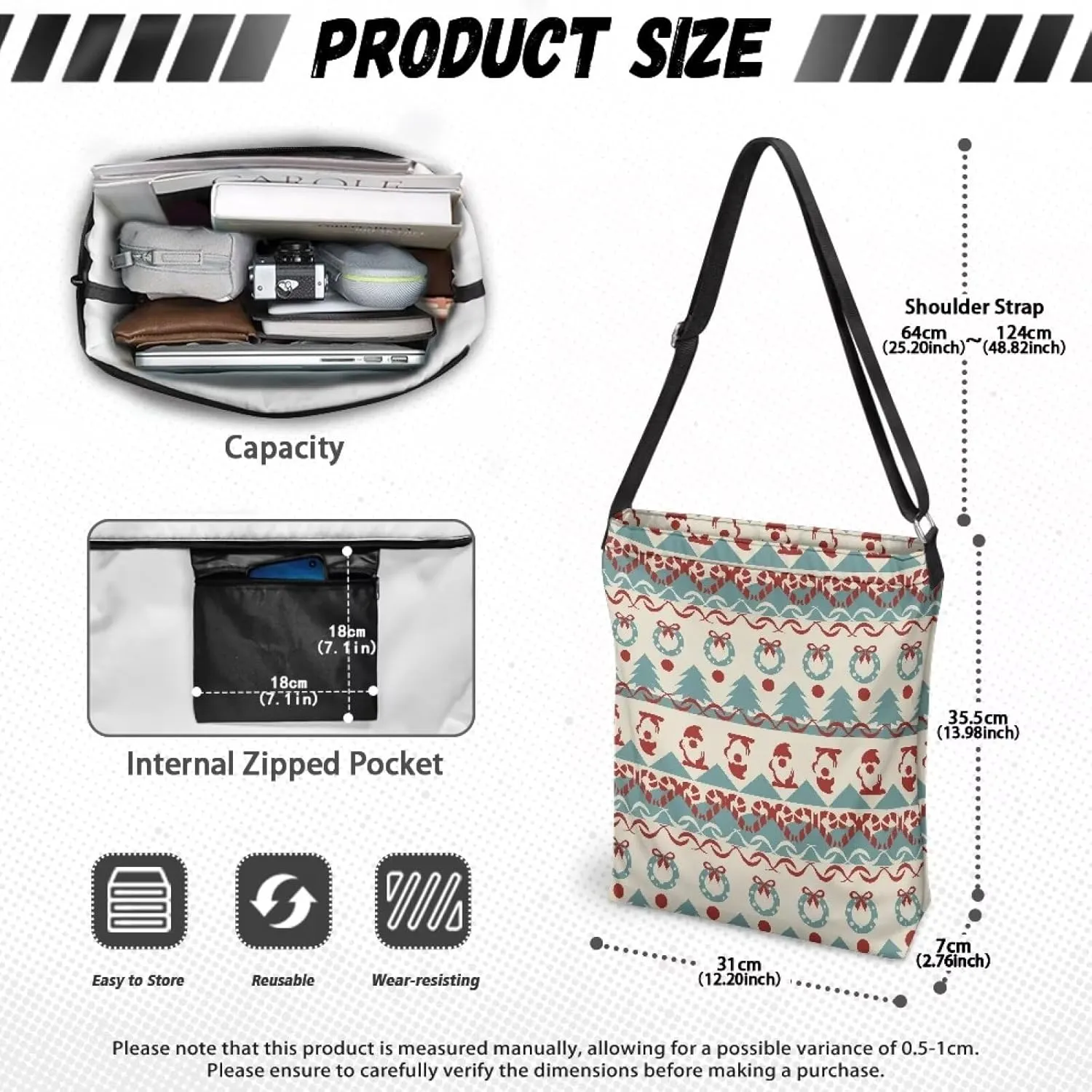 Canvas Crossbody Bag Women Shoulder Bag with Zipper Messenger Bag Storage Organizer with Strap Tote Bag with Pocket