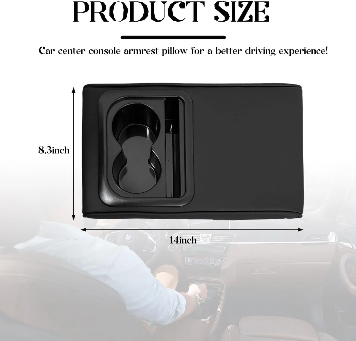 Car Center Console Armrest Pillow, 14"×8.3" Leather Memory Foam Armrest Cushion with Cup Holder & Phone Holder, Waterproof Middle Console Cover Box Protector for Most Vehicle (Glossy)