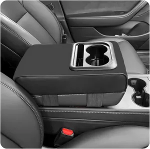 Car Center Console Armrest Pillow, 14"×8.3" Leather Memory Foam Armrest Cushion with Cup Holder & Phone Holder, Waterproof Middle Console Cover Box Protector for Most Vehicle (Glossy)