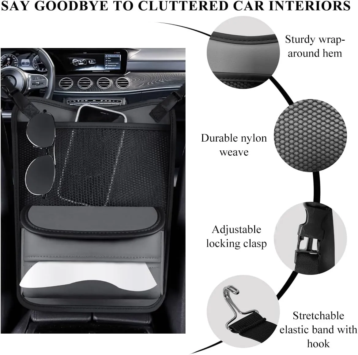 Car Organizer Storage Between Seats, Leather Large Capacity Automobile Handbag Hanging Store Content Bag, Auto Console Organizer Holder for Snack Phone Document Storages, Car Accessories (Gray)