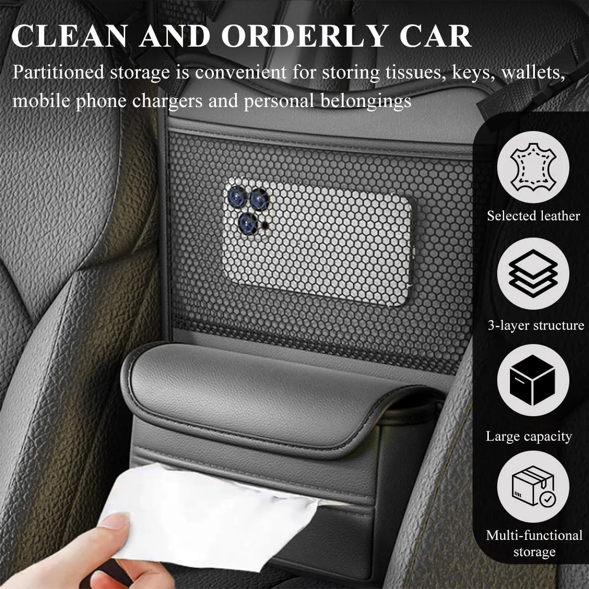 Car Organizer Storage Between Seats, Leather Large Capacity Automobile Handbag Hanging Store Content Bag, Auto Console Organizer Holder for Snack Phone Document Storages, Car Accessories (Gray)