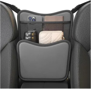 Car Organizer Storage Between Seats, Leather Large Capacity Automobile Handbag Hanging Store Content Bag, Auto Console Organizer Holder for Snack Phone Document Storages, Car Accessories (Gray)