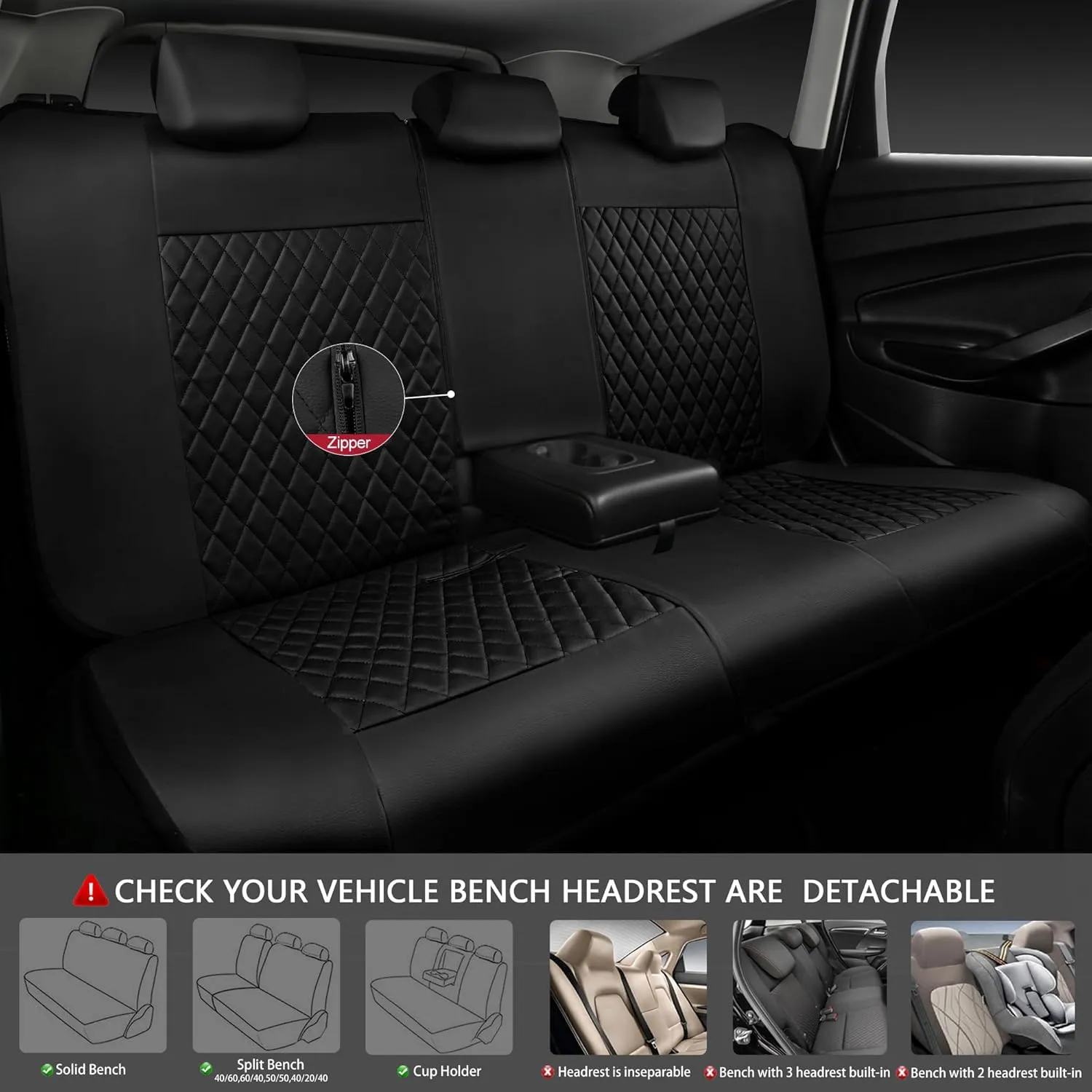 CAR PASS Leather Back Seat Cover, Universal Quilting Waterproof Bench Rear Seat Cover Universal car seat Cover Fit 95% Automotive Interior Covers for Cars Sedans SUVs (Rear,All Black)