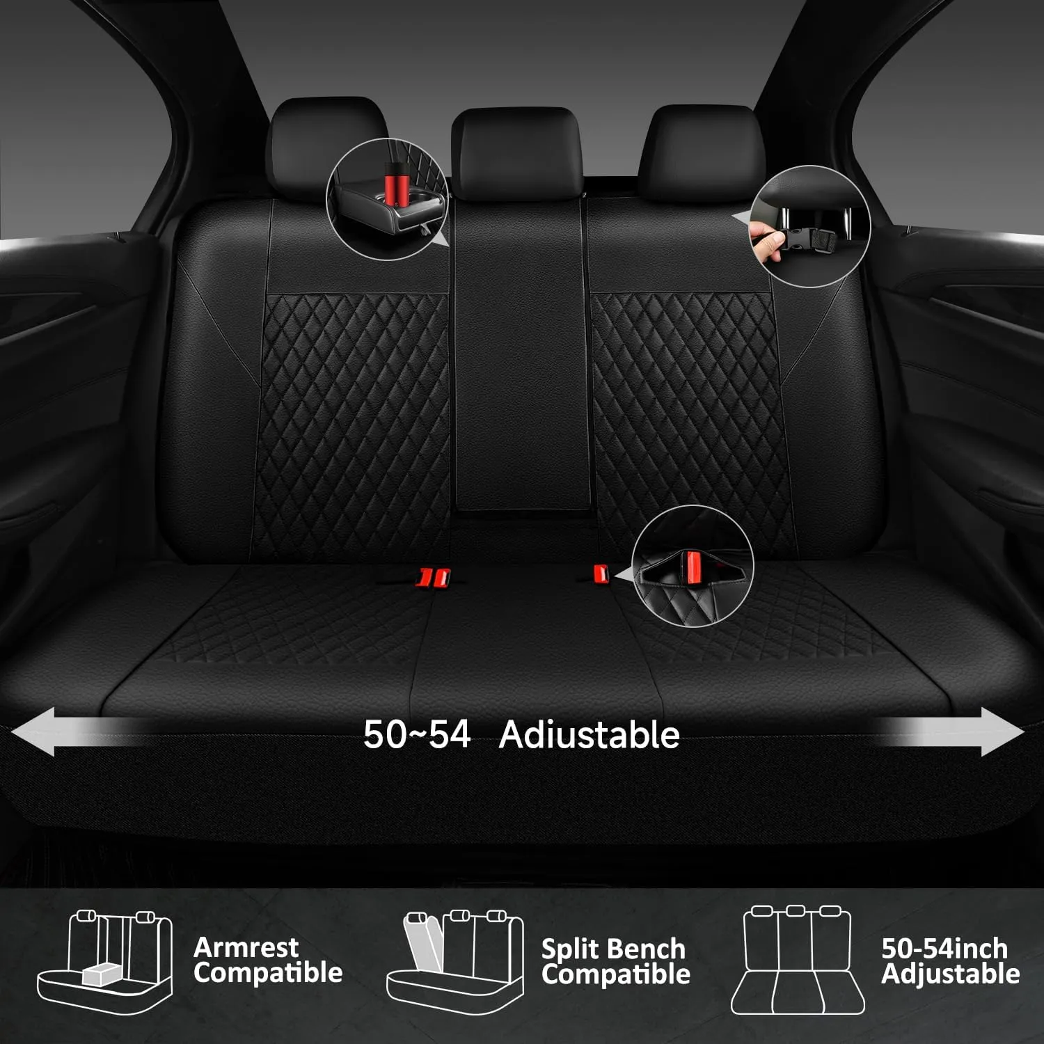 CAR PASS Leather Back Seat Cover, Universal Quilting Waterproof Bench Rear Seat Cover Universal car seat Cover Fit 95% Automotive Interior Covers for Cars Sedans SUVs (Rear,All Black)