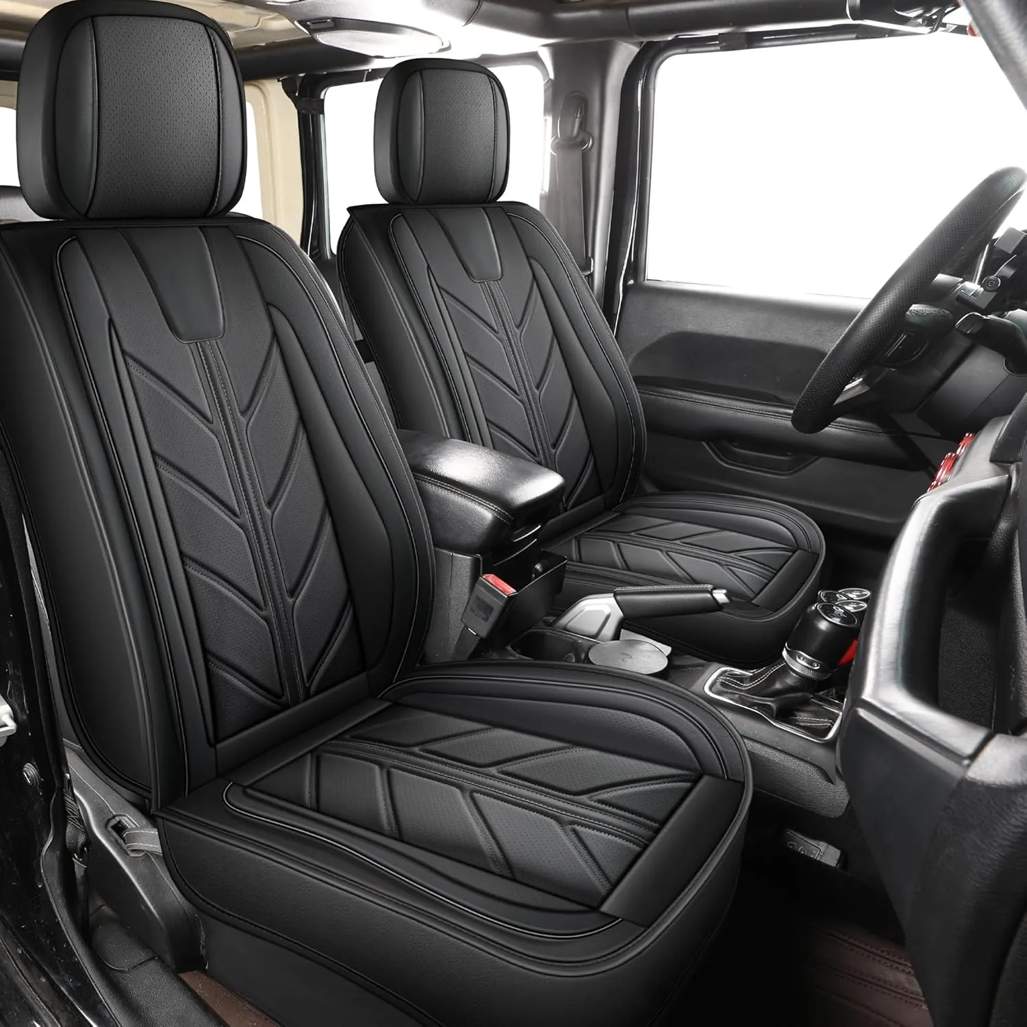 Car Seat Covers for Jeep Wrangler JK JL Fit 4 Door 2018-2024 JK JL Sahara Rubicon Unlimited Altitude Truck Waterproof Automotive Faux Leather Seat car Cushion Set(Black, Full Set)