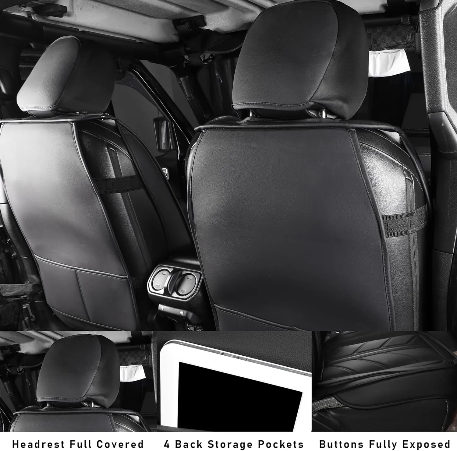 Car Seat Covers for Jeep Wrangler JK JL Fit 4 Door 2018-2024 JK JL Sahara Rubicon Unlimited Altitude Truck Waterproof Automotive Faux Leather Seat car Cushion Set(Black, Full Set)