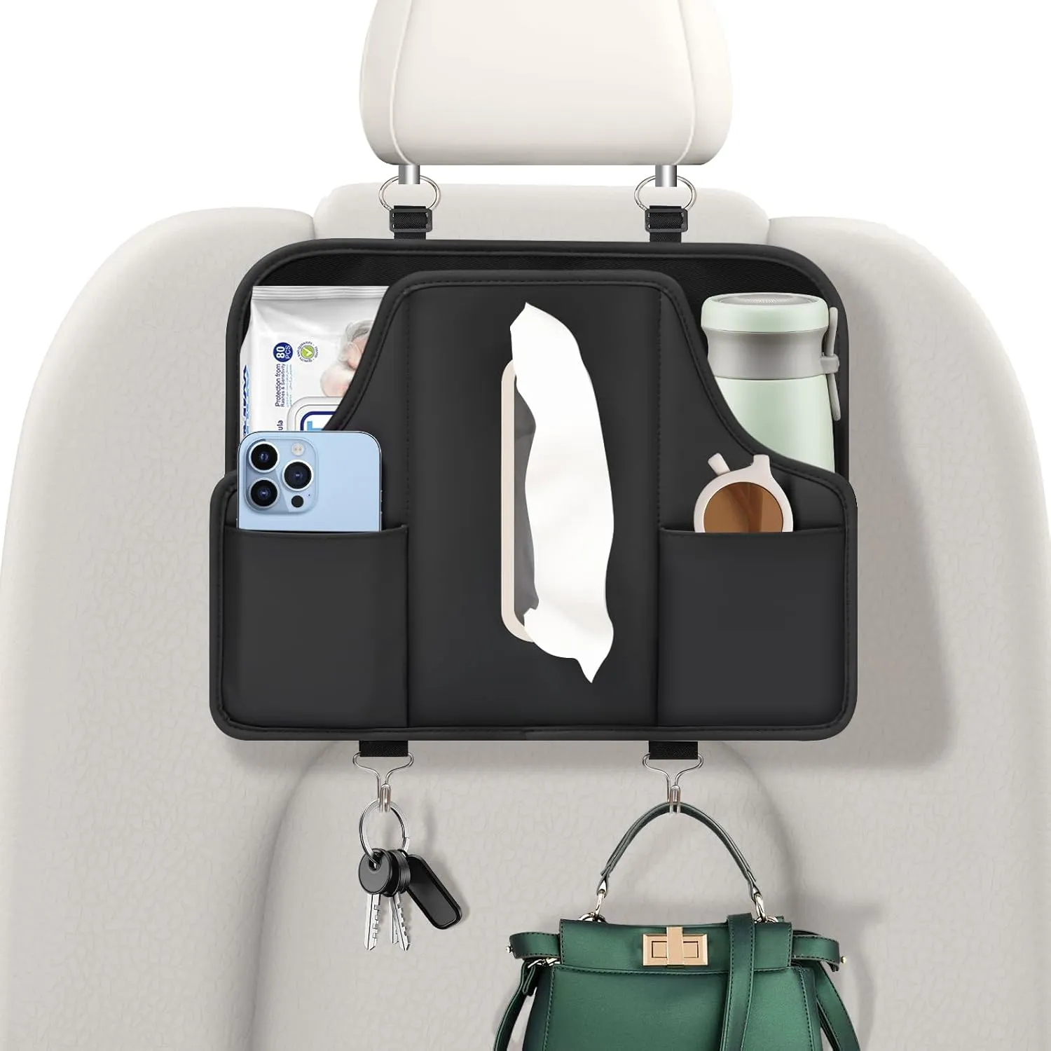 Car Tissue Holder, Car Back Seat Organizer Keep Cars Organized, Premium PU Leather Headrest Seat Back Storage with Cup Holder,Extra Large Tissue Box Storage Fit for 100-150 Regular Size Tissues