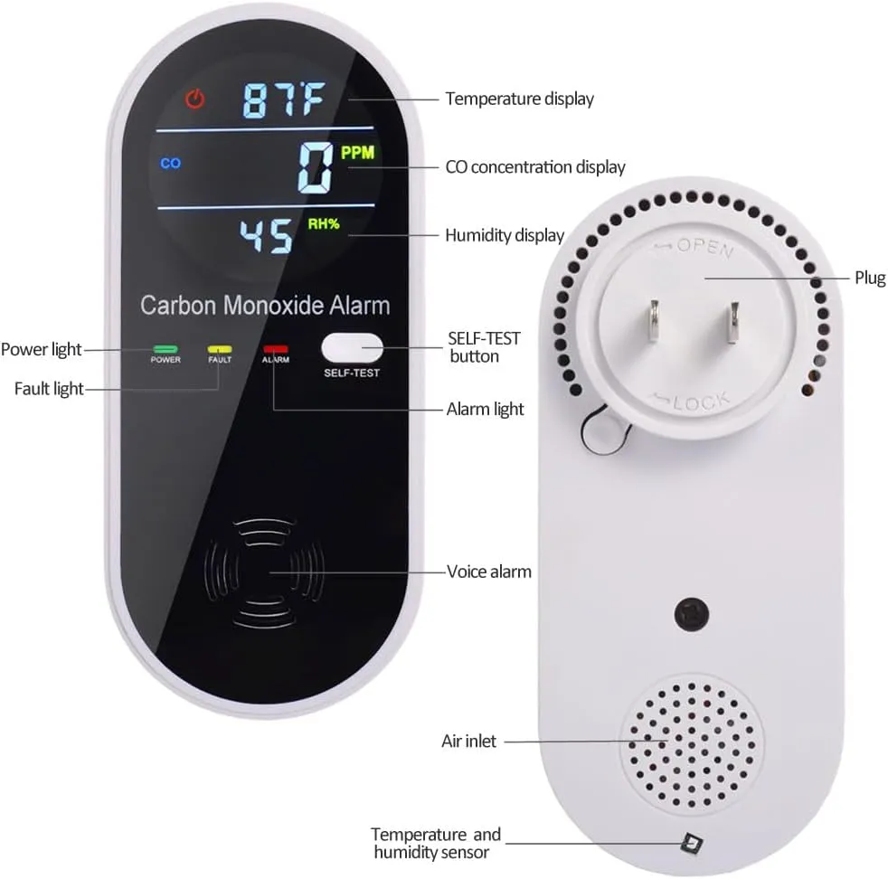 Carbon Monoxide Detectors, Carbon Monoxide Detector Plug in with Temperature Humidity Sensor Built-in, CO Level Monitor Alarm with Clear LCD Display Sound & Light Warning for Home/Hotel/RV