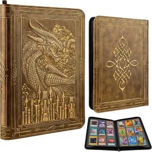 Card Binder 9 Pocket, 3D PU Leather Album with Zipper, 360 Side Loading Pockets for TCG, MTG, Lorcana, Other Collectible Cards, Trading Card Game Protective Folder Album (Golden Brown)