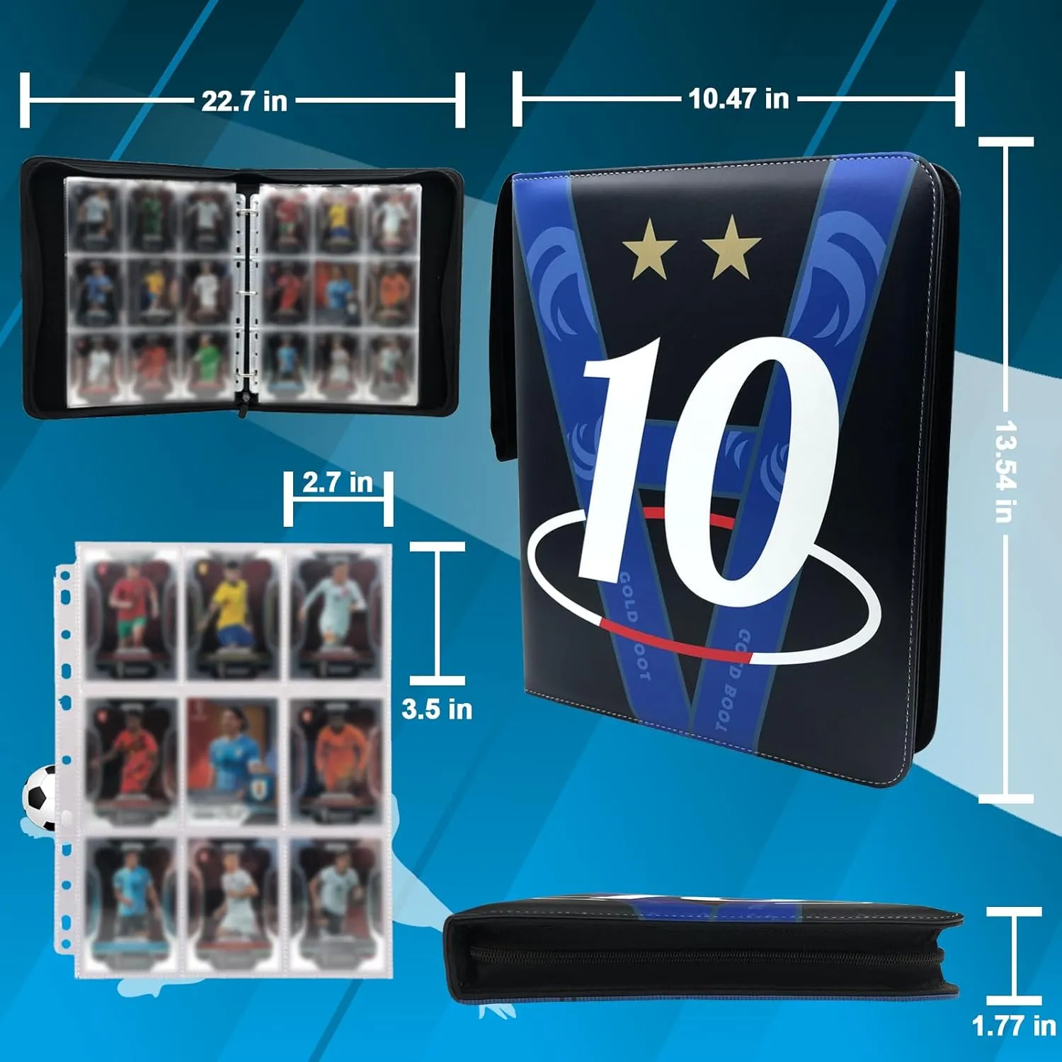 Card Binder 9-Pocket, 50 Removable Sleeves Trading Card Binder, Portable Storage Package Fits 900 Cards, Sports Card Collectible Holder for Soccer Card Albums - New Blue/White (KM10)