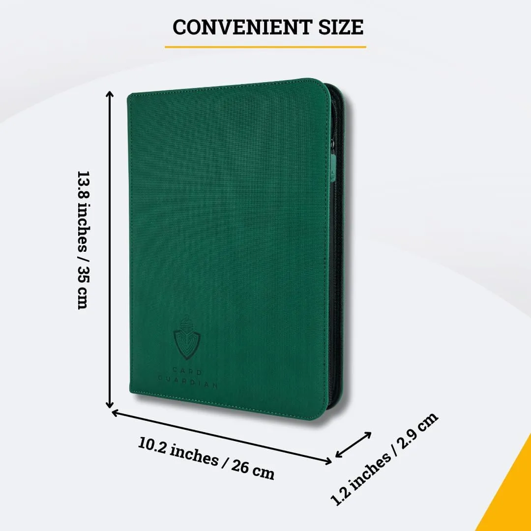 Card Guardian - 9 Pocket Premium Binder with Zipper for 360 Cards Trading Card Games TCG (Green) Side Loaded Pockets Compatible with Yugioh Cards MTG Binder Sports Card Binder