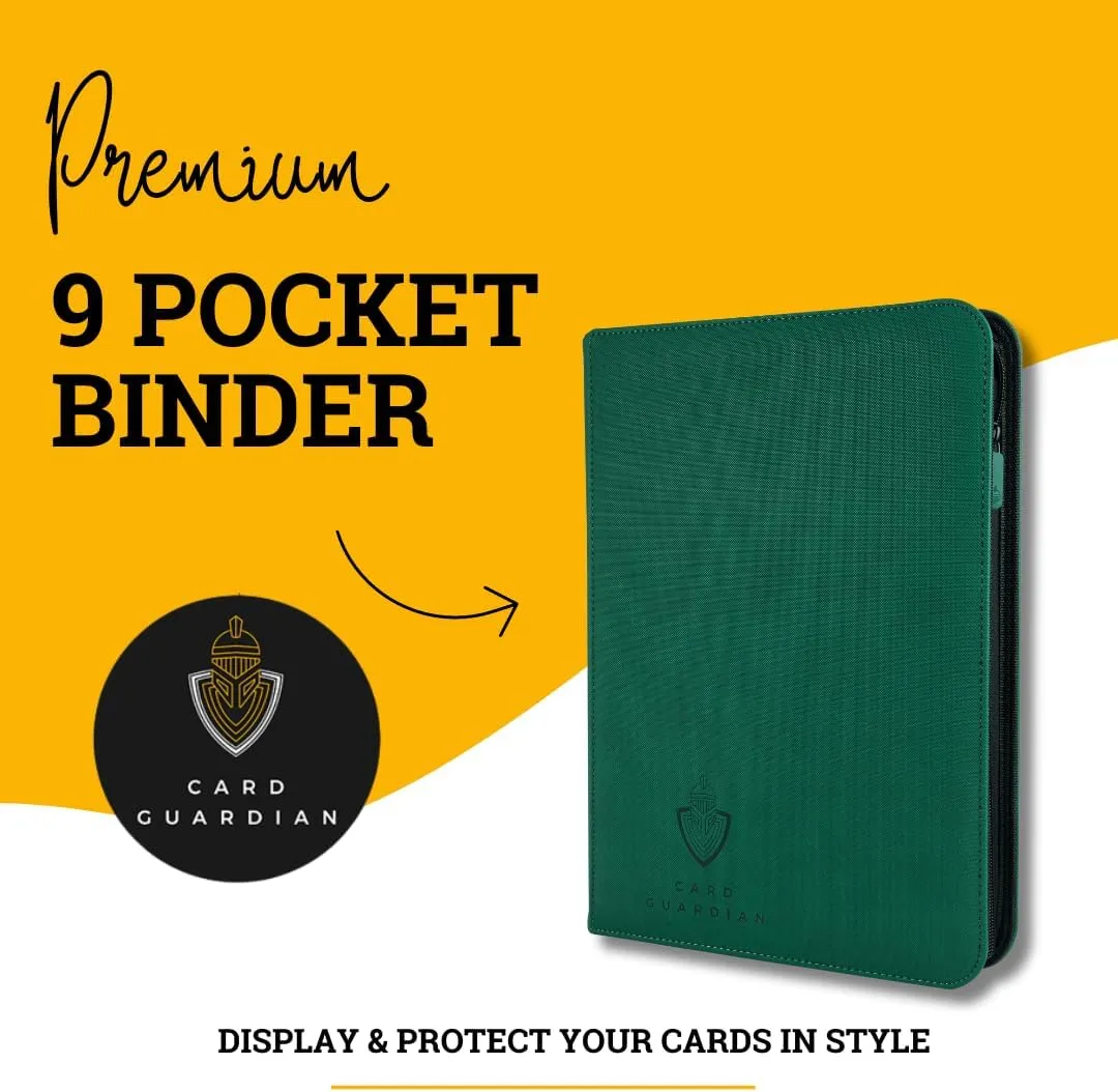 Card Guardian - 9 Pocket Premium Binder with Zipper for 360 Cards Trading Card Games TCG (Green) Side Loaded Pockets Compatible with Yugioh Cards MTG Binder Sports Card Binder