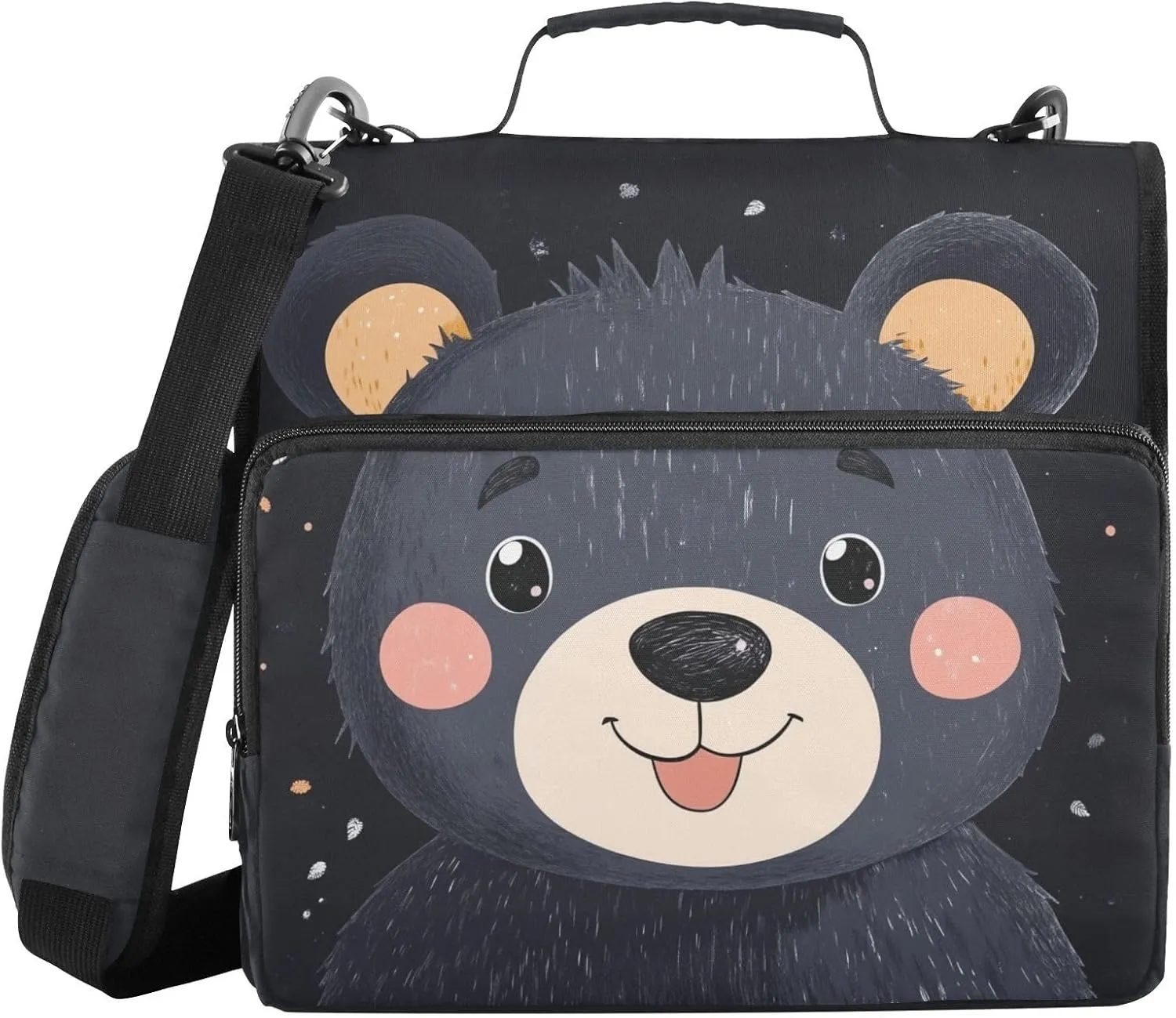 Cartoon Black Bear Zipper Binder with Shoulder Strap Trapper Keeper 3 Ring Binder Organizer Large Capacity Multiple Compartments for School Office