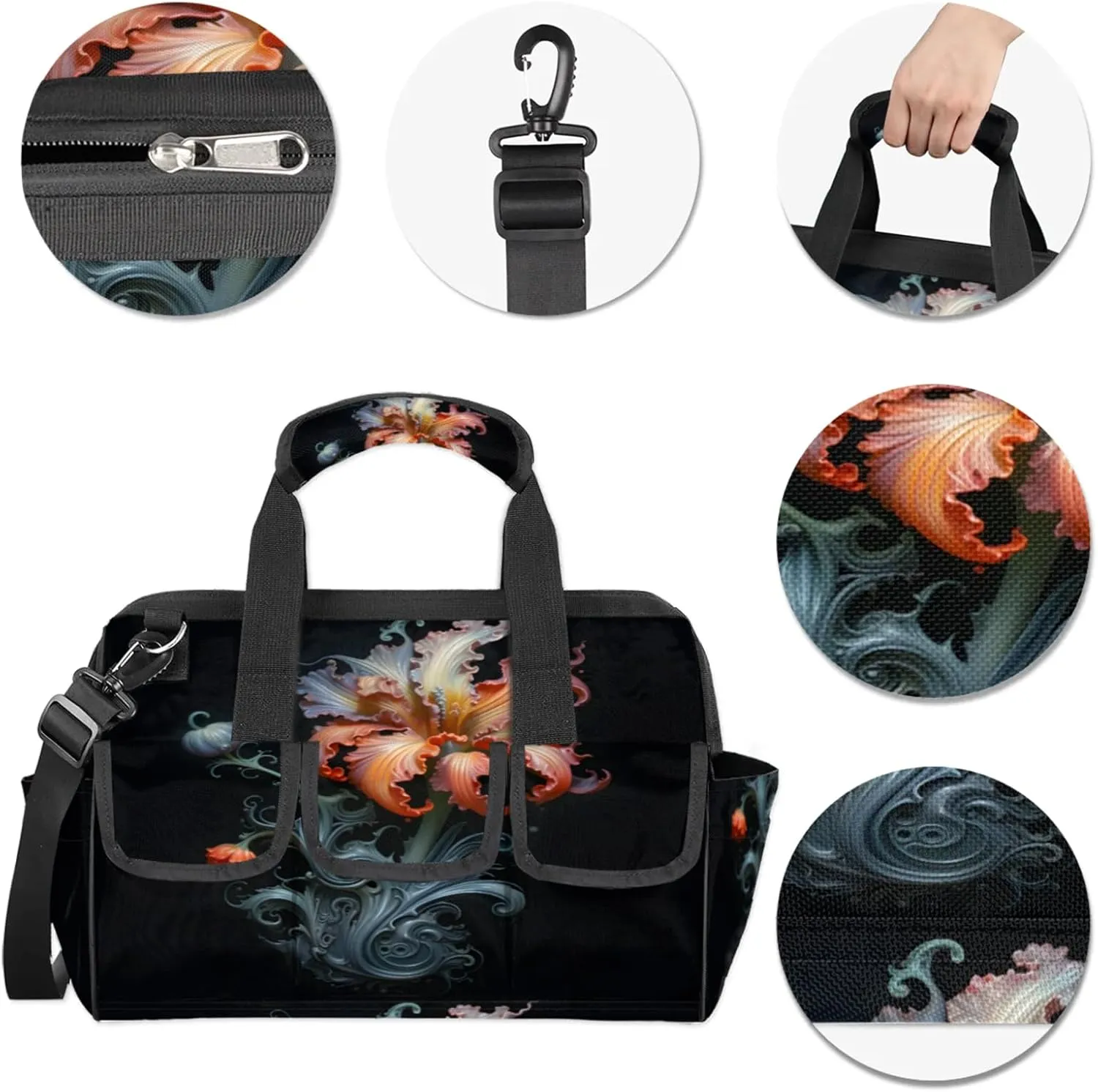 Carving Flower Art Tool Bag Wide Mouth 14.8" Portable Tools Tote 14 Pockets Waterproof Heavy Duty Tool Organizer Adjustable Shoulder Strap for Men Women Garden Tools