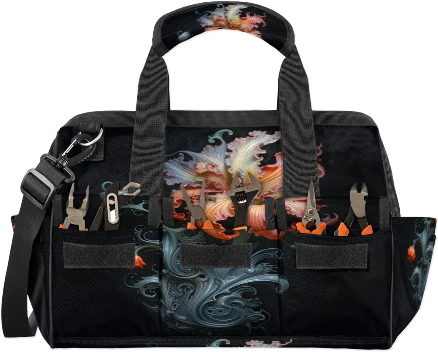Carving Flower Art Tool Bag Wide Mouth 14.8" Portable Tools Tote 14 Pockets Waterproof Heavy Duty Tool Organizer Adjustable Shoulder Strap for Men Women Garden Tools