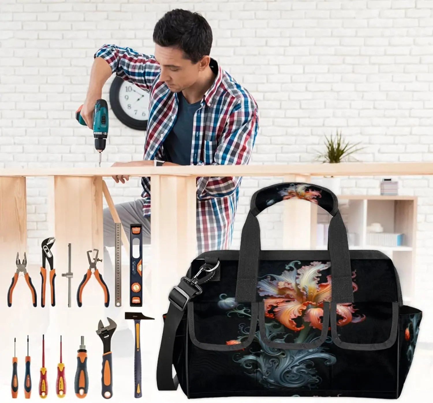 Carving Flower Art Tool Bag Wide Mouth 14.8" Portable Tools Tote 14 Pockets Waterproof Heavy Duty Tool Organizer Adjustable Shoulder Strap for Men Women Garden Tools