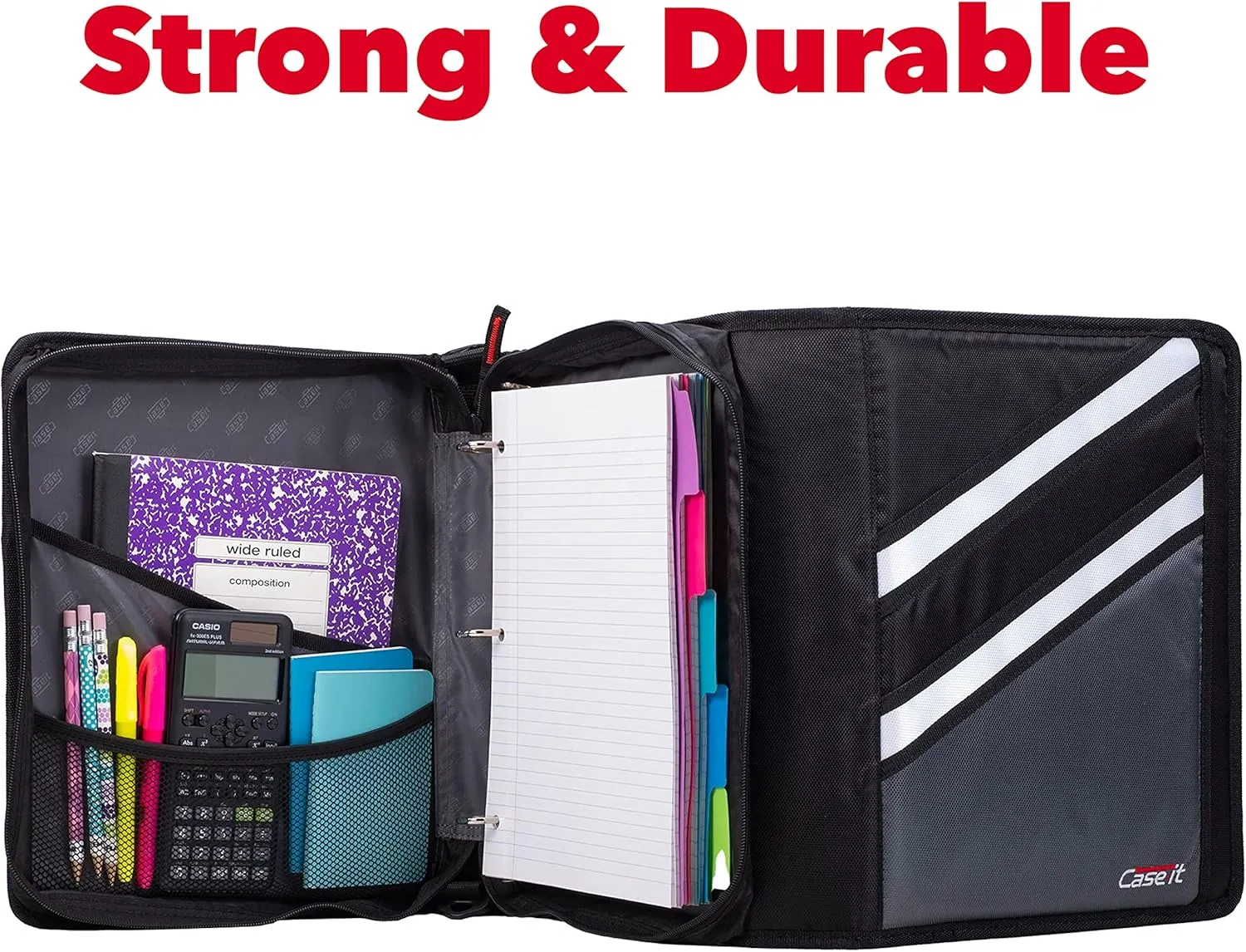 Case-it The Z Shape Zipper Binder - Two Binders in One - Double Sided 1.5 Inch D-Ring - Multiple Pockets - 500 Page Capacity - Comes with Shoulder Strap, Jet Black Z-176