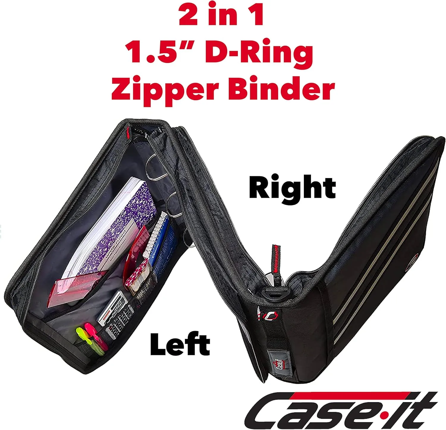 Case-it The Z Shape Zipper Binder - Two Binders in One - Double Sided 1.5 Inch D-Ring - Multiple Pockets - 500 Page Capacity - Comes with Shoulder Strap, Jet Black Z-176