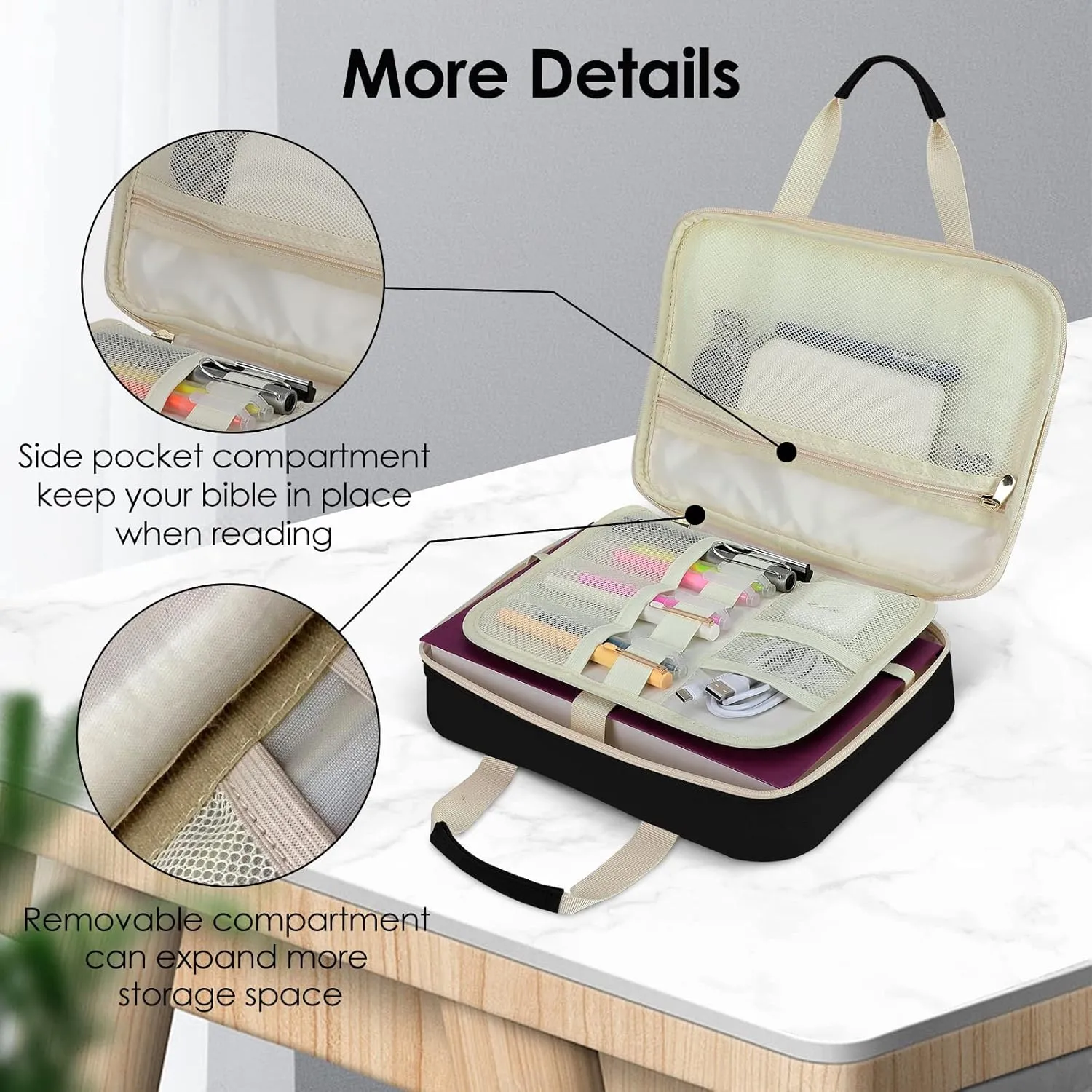 CASIRENA Bible Covers for Women - Large Size Bible Carrying Case, Church Bible Bag with Padded Handle, Adjustable Shoulder Strap, and Zippered Pockets, Perfect Gifts for Church ReligiousBLACK