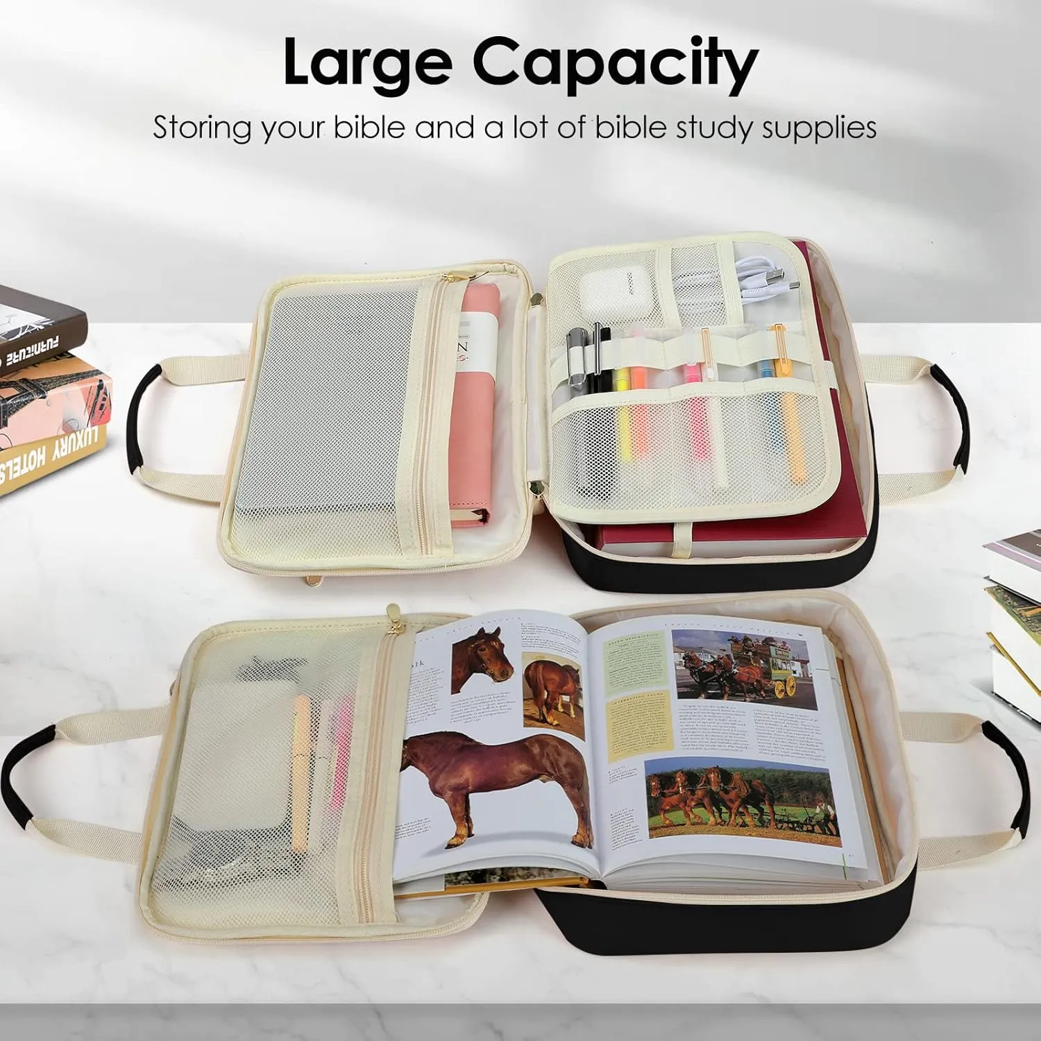 CASIRENA Bible Covers for Women - Large Size Bible Carrying Case, Church Bible Bag with Padded Handle, Adjustable Shoulder Strap, and Zippered Pockets, Perfect Gifts for Church ReligiousBLACK