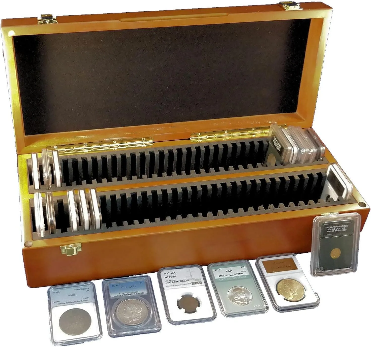 Certified Wood Cedar Finish Sixty-Coin Storage/Display Box for PCGS/NGC/Premier/Ursae Minoris Holders