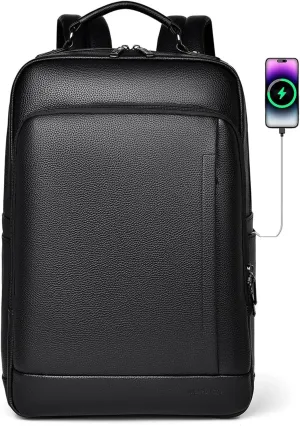CHAO RAN Laptop Backpack for Men Leather Travel Backpack Carry on Flight Approved-Waterproof Medium Backpack Fit 15.6 Inch Notebook for College Business Office Bag with USB Charging Port (Black20)