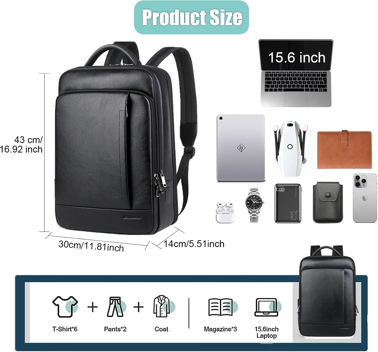 CHAO RAN Laptop Backpack for Men Leather Travel Backpack Carry on Flight Approved-Waterproof Medium Backpack Fit 15.6 Inch Notebook for College Business Office Bag with USB Charging Port (Black20)
