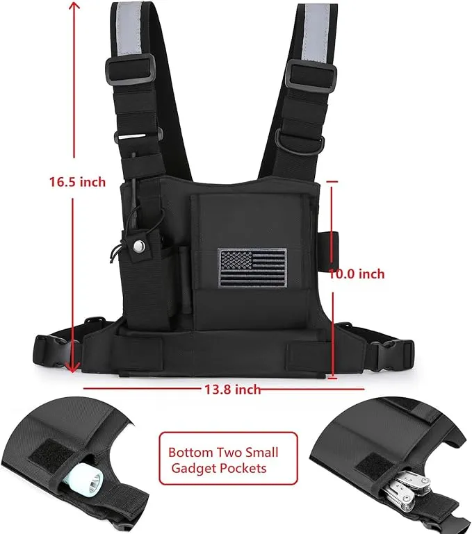Chest Bag Vest Rig For Two Way Radio Walkie Talkie Universal Hands Freely Front Chest Pack Radio Holster With Phone Holder Hiphop Harness Bag (Coal)