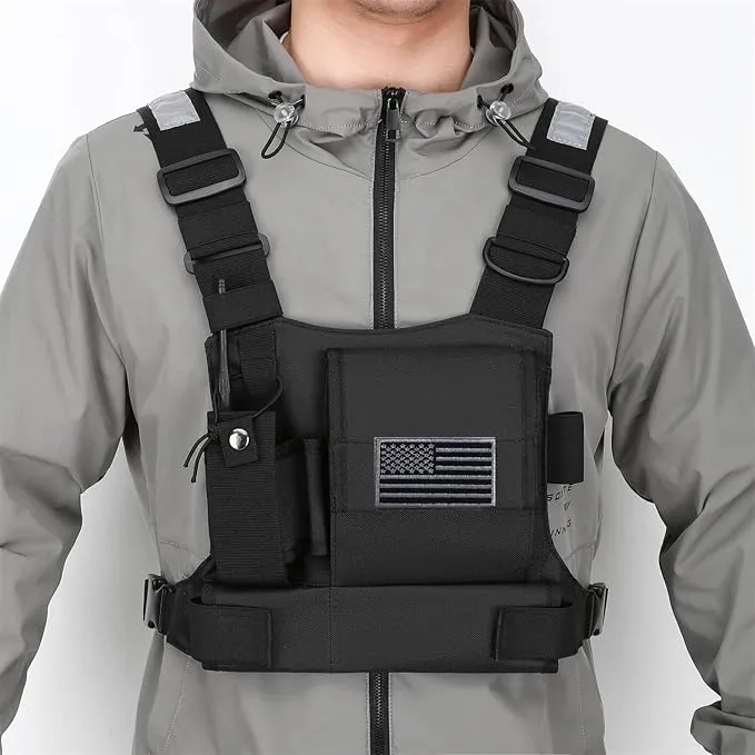 Chest Bag Vest Rig For Two Way Radio Walkie Talkie Universal Hands Freely Front Chest Pack Radio Holster With Phone Holder Hiphop Harness Bag (Coal)