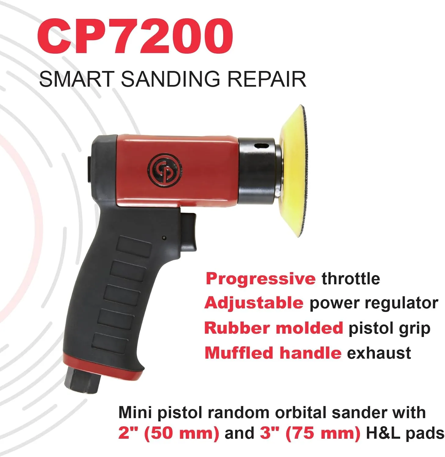 Chicago Pneumatic CP7200 - Air Random Rotary Sander Tool, Home Improvement, Woodworking Tools, Polisher, Rust Removal, Heavy Duty, Rotary Tool, Pistol Handle, Hook & Loop, 3 Inch (75 mm), 15000 RPM
