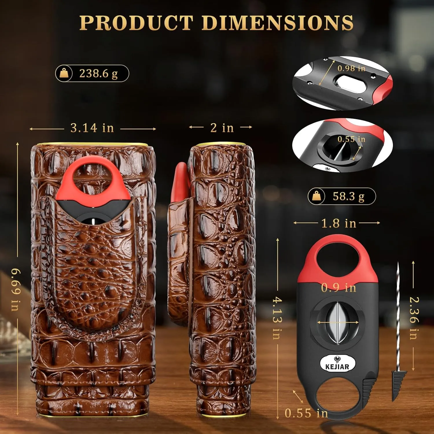 Cigar Travel Case Leather Cigar Humidor with Multifunctional Cigar V Cutter, Cedar Wood Lined Travel Cigar Humidor Box with Gift Box, Portable Cigar Case Holder for 3 Cigars (S)