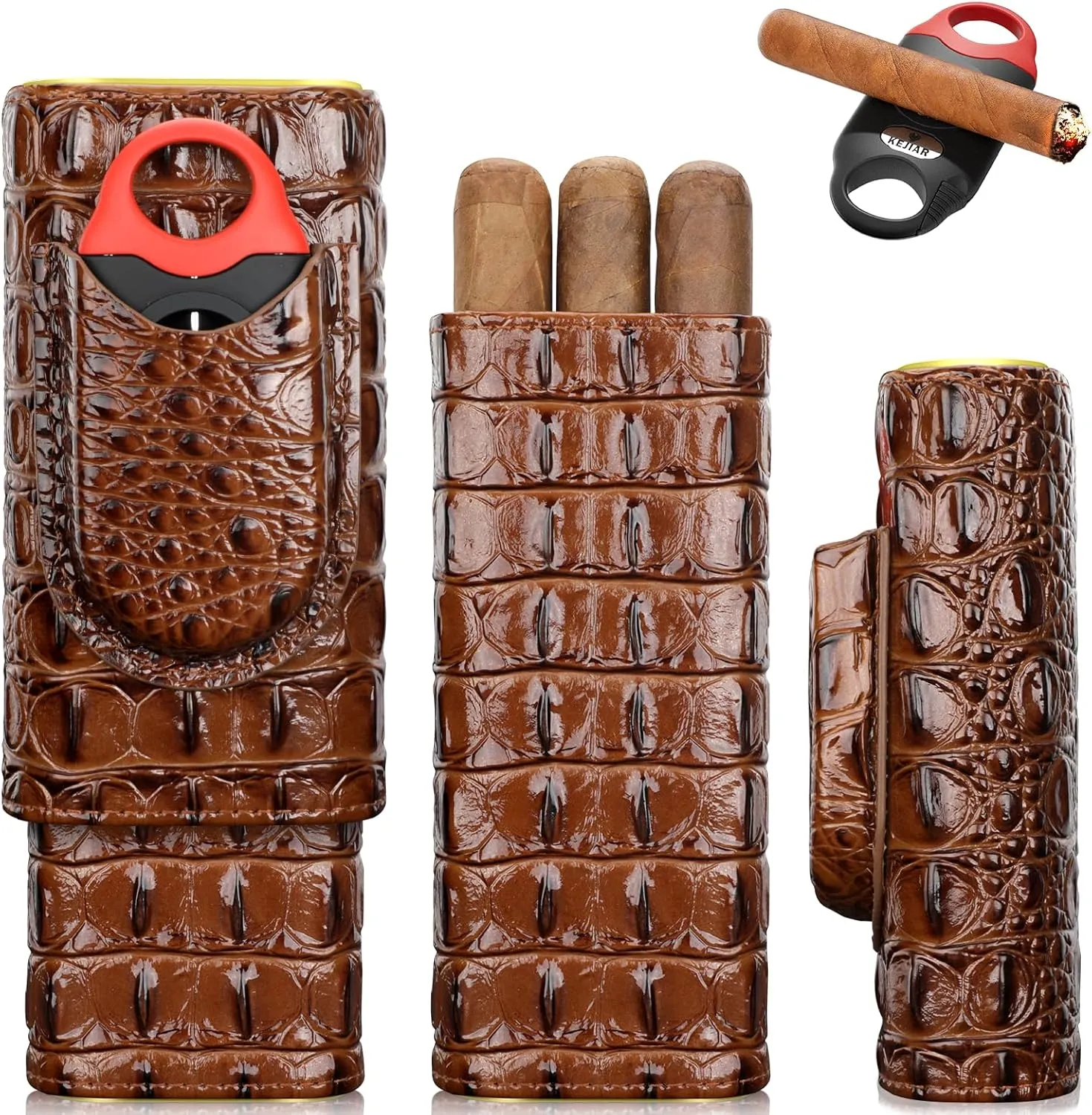 Cigar Travel Case Leather Cigar Humidor with Multifunctional Cigar V Cutter, Cedar Wood Lined Travel Cigar Humidor Box with Gift Box, Portable Cigar Case Holder for 3 Cigars (S)