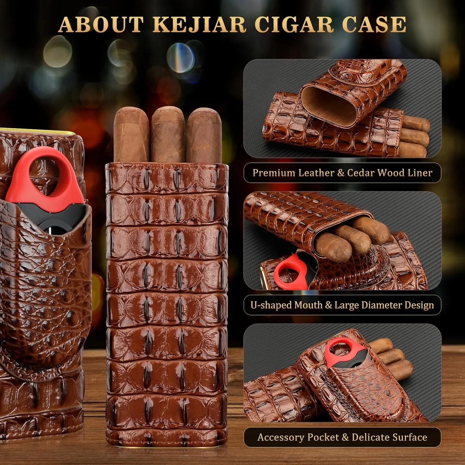 Cigar Travel Case Leather Cigar Humidor with Multifunctional Cigar V Cutter, Cedar Wood Lined Travel Cigar Humidor Box with Gift Box, Portable Cigar Case Holder for 3 Cigars (S)