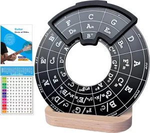 Circle of Fifths Wheel Metal Melody Tool with Guitar Chord Chart Music Theory Book and Wooden Stand for Musical Instruments, Black