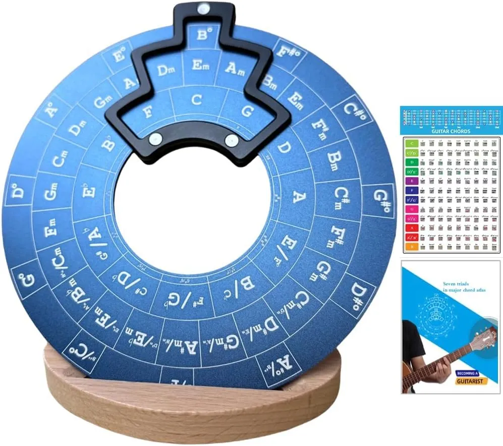 Circle of Fifths Wheel Metal Melody Tool with Guitar Chord Chart Music Theory Book and Wooden Stand for Musical Instruments