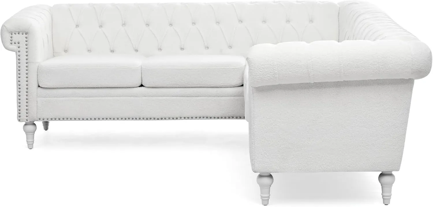 Clasic Chesterfield 5 Seater Corner Sofa&Couch Luxury Roller Armrest L-Shaped Symmetrical Sectional Sofa Couch Teddy Fleece Tufted Indoor Upholstered Sofá W/Wood Legs and Nailhead for Living Room