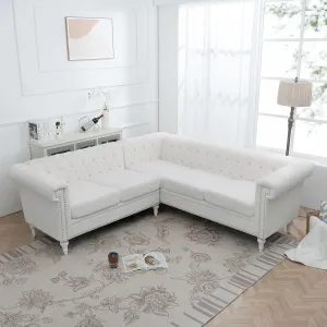 Clasic Chesterfield 5 Seater Corner Sofa&Couch Luxury Roller Armrest L-Shaped Symmetrical Sectional Sofa Couch Teddy Fleece Tufted Indoor Upholstered Sofá W/Wood Legs and Nailhead for Living Room