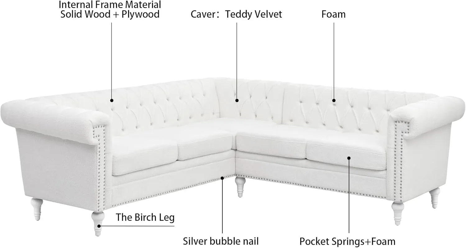 Clasic Chesterfield 5 Seater Corner Sofa&Couch Luxury Roller Armrest L-Shaped Symmetrical Sectional Sofa Couch Teddy Fleece Tufted Indoor Upholstered Sofá W/Wood Legs and Nailhead for Living Room
